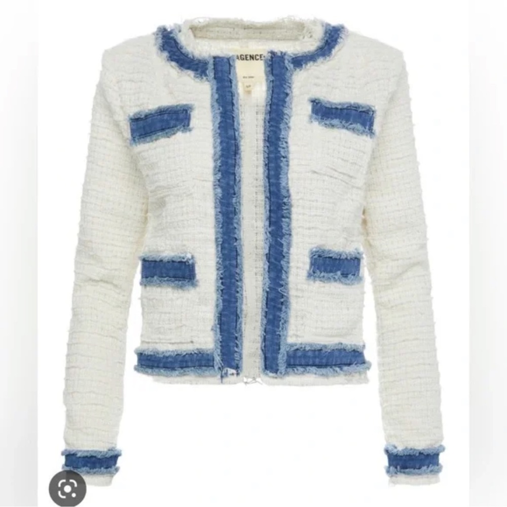L’AGENCE Agnes metallic tweed and denim raw hem open front jacket💙size S